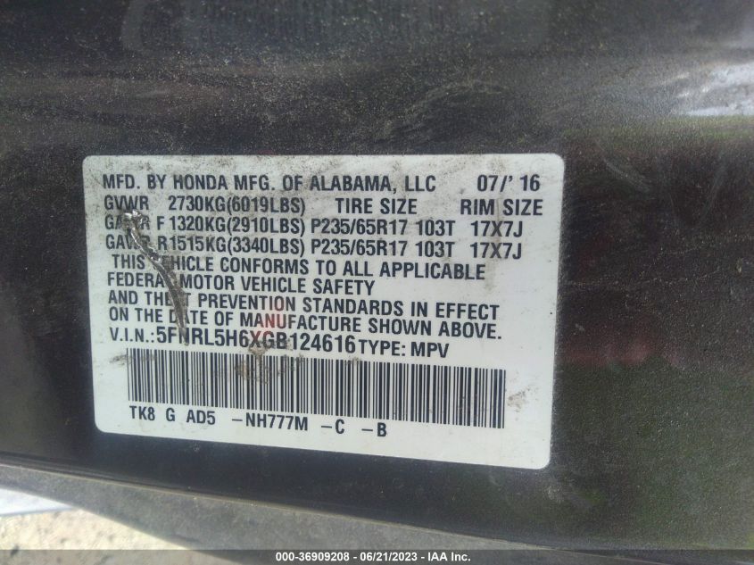 2016 HONDA ODYSSEY EXL - 5FNRL5H6XGB124616