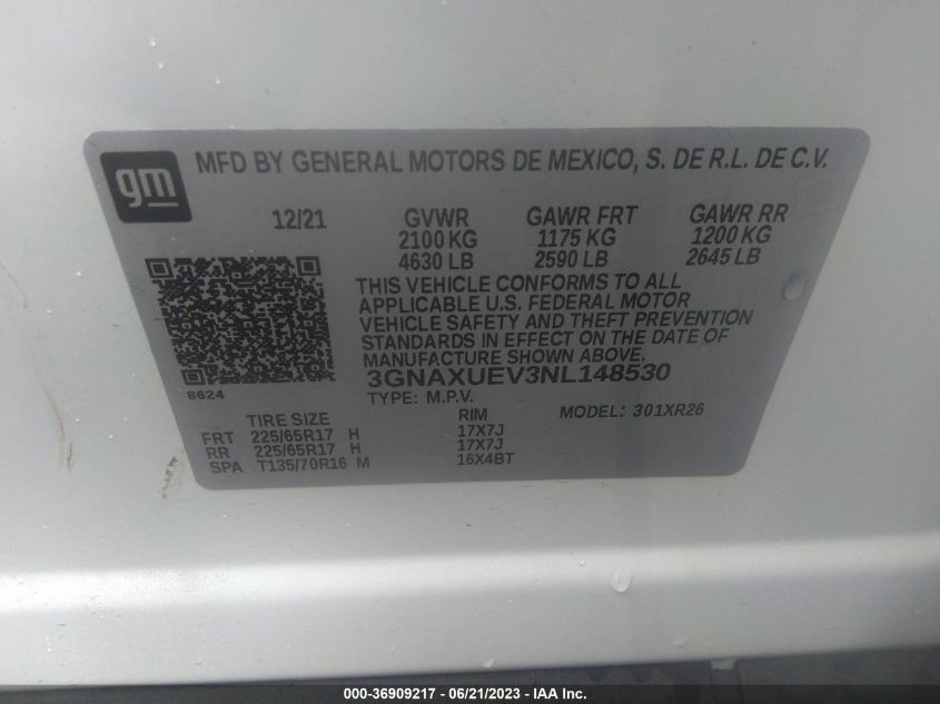2022 CHEVROLET EQUINOX LT - 3GNAXUEV3NL148530