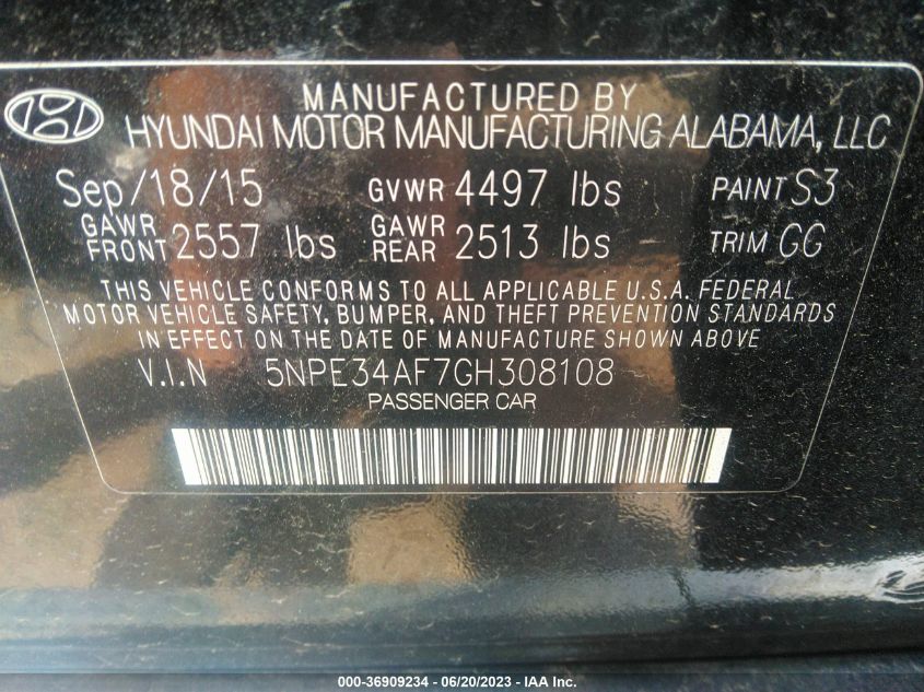 2016 HYUNDAI SONATA 2.4L LIMITED - 5NPE34AF7GH308108