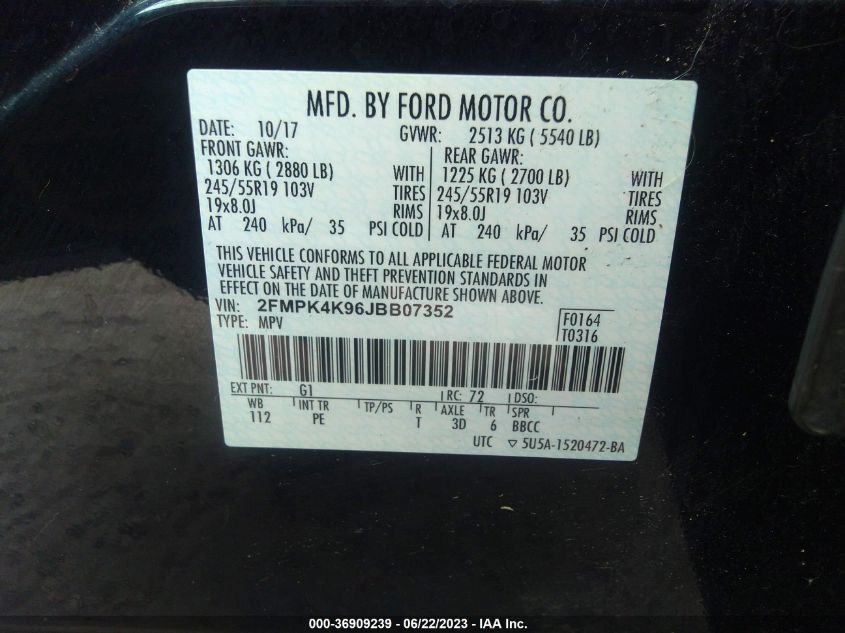 2FMPK4K96JBB07352 2018 FORD EDGE, photo no. 9