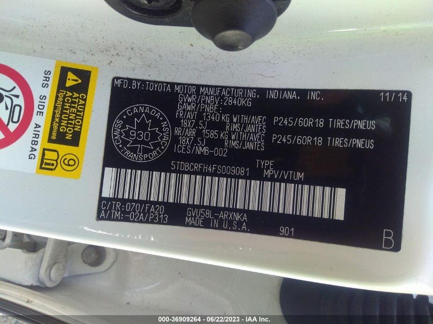 2015 TOYOTA HIGHLANDER HYBRID LE 5TDBCRFH4FS009081