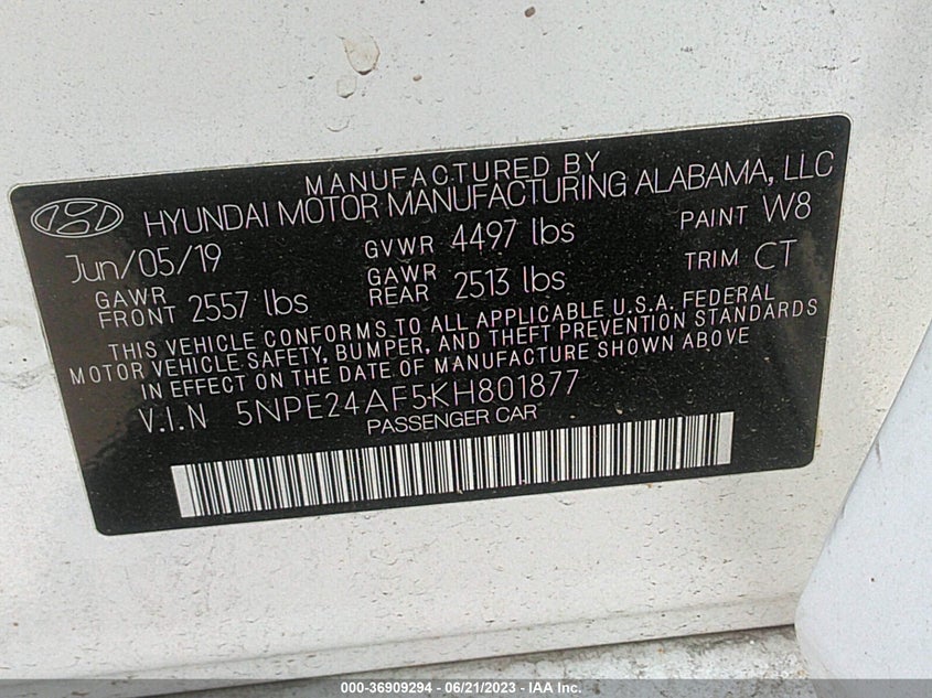 VIN 5NPE24AF5KH801877 2019 HYUNDAI SONATA SE