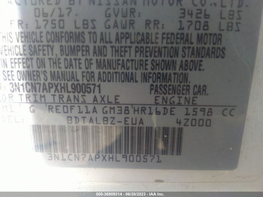 2017 NISSAN VERSA SEDAN SV - 3N1CN7APXHL900571