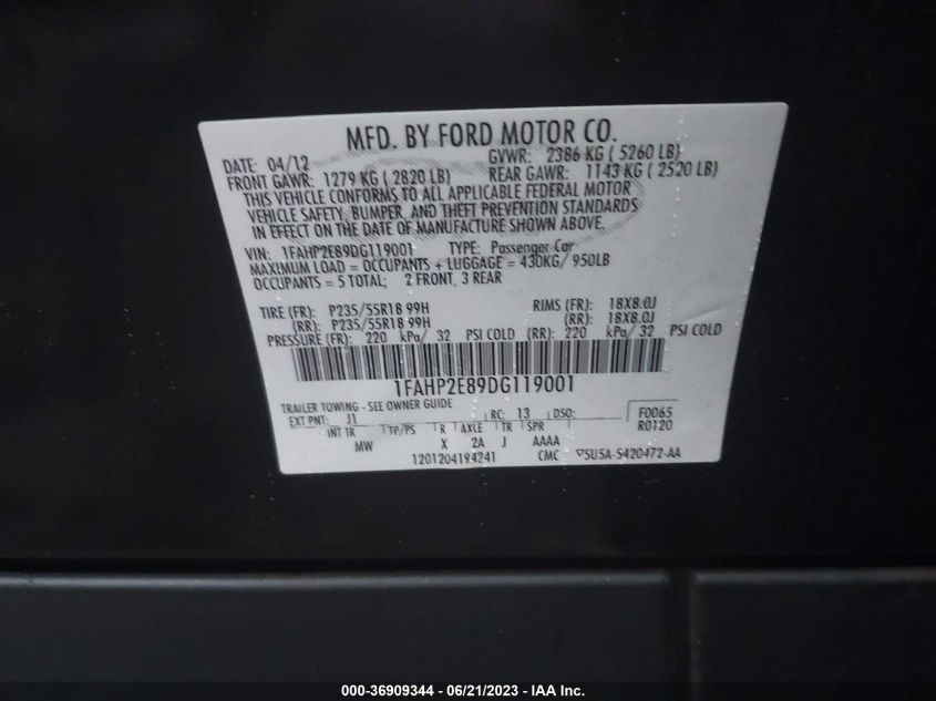 2013 FORD TAURUS SEL - 1FAHP2E89DG119001