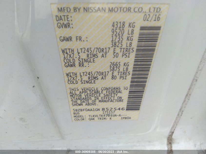 2016 NISSAN NVP SV - 5BZBF0AA1GN852546