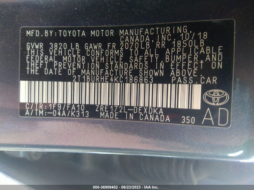 2019 TOYOTA COROLLA L/LE/XLE/SE/XSE - 2T1BURHE4KC186863