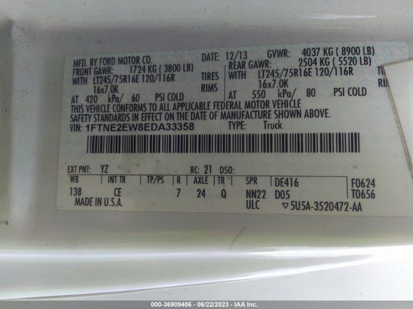 2014 FORD ECONOLINE CARGO VAN COMMERCIAL/RECREATIONAL 1FTNE2EW8EDA33358
