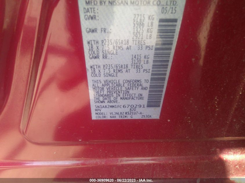 2015 NISSAN PATHFINDER PLATINUM/SV/SL/S - 5N1AR2MM1FC670291