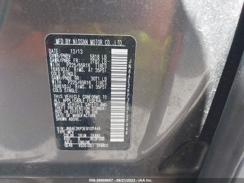 2014 NISSAN QUEST S/SV/SL/LE - JN8AE2KP3E9107448