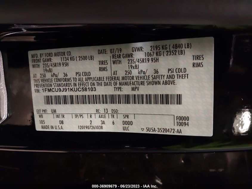 2019 FORD ESCAPE TITANIUM - 1FMCU9J91KUC58103