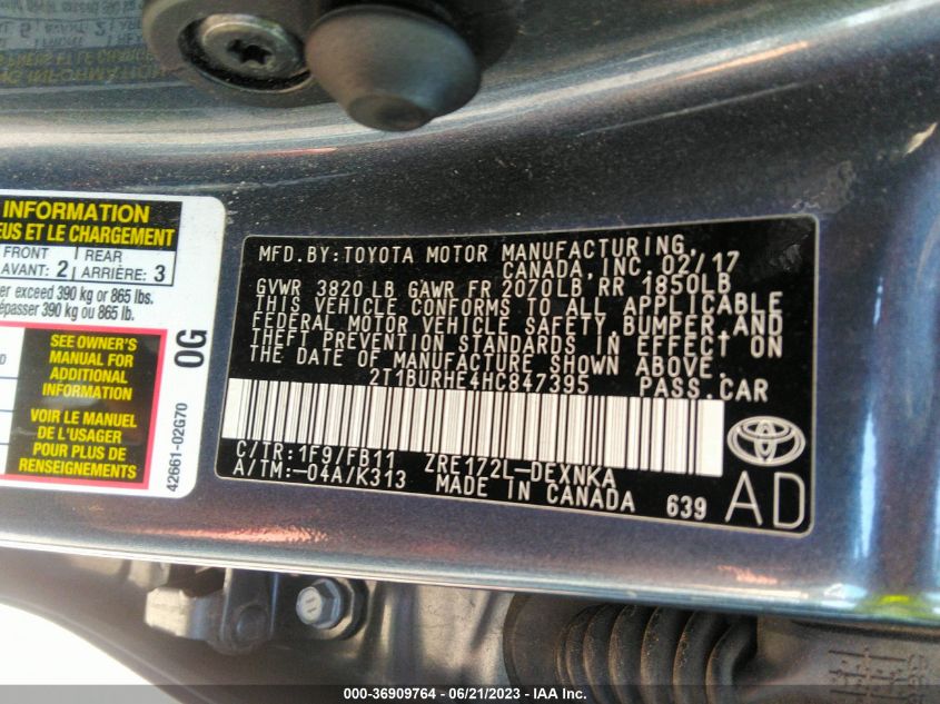 2017 TOYOTA COROLLA LE - 2T1BURHE4HC847395