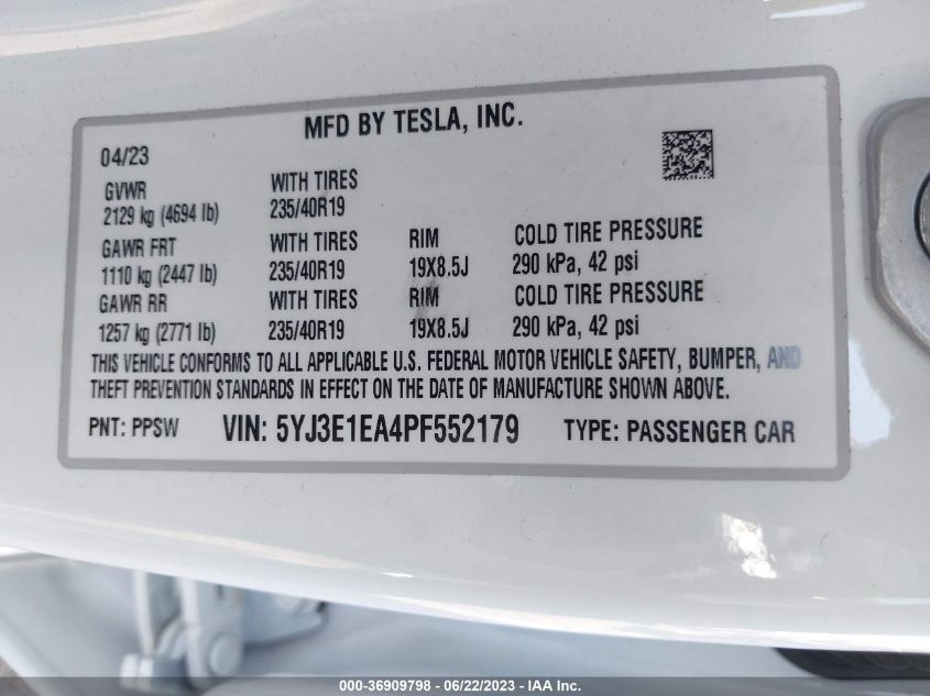 2023 TESLA MODEL 3 - 5YJ3E1EA4PF552179