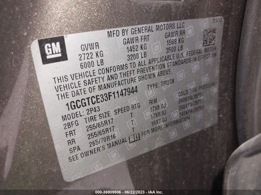 2015 CHEVROLET COLORADO 4WD Z71 - 1GCGTCE33F1147944
