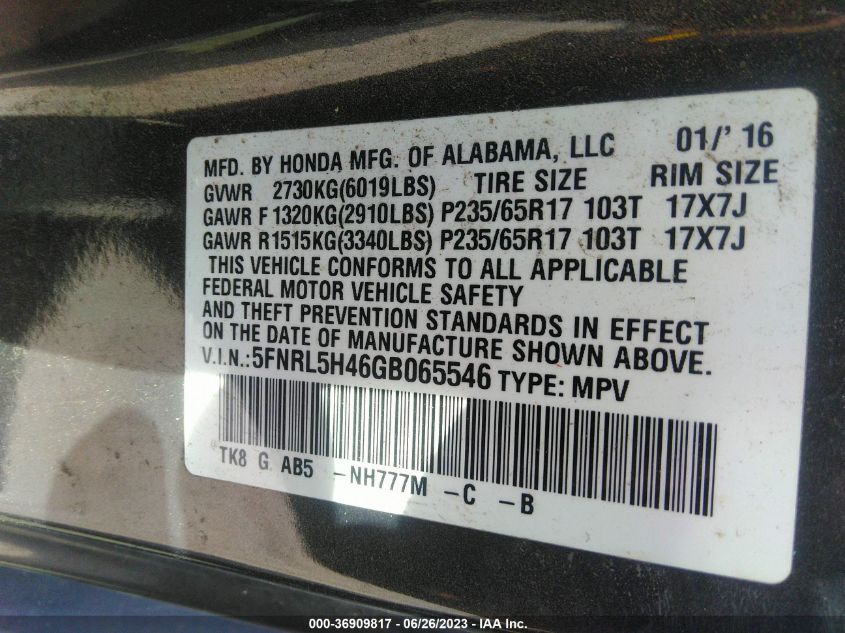 2016 HONDA ODYSSEY EX - 5FNRL5H46GB065546