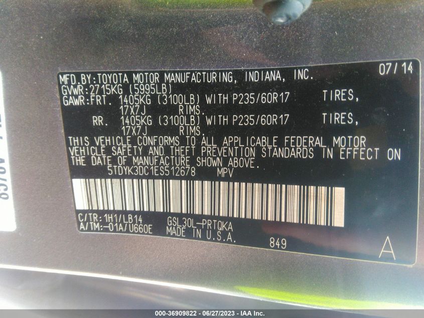 2014 TOYOTA SIENNA XLE/XLE AAS/LTD - 5TDYK3DC1ES512678