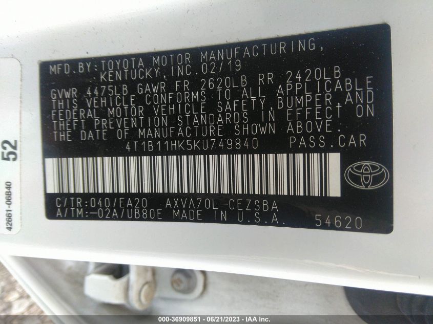 2019 TOYOTA CAMRY LE/SE/XLE/L - 4T1B11HK5KU749840