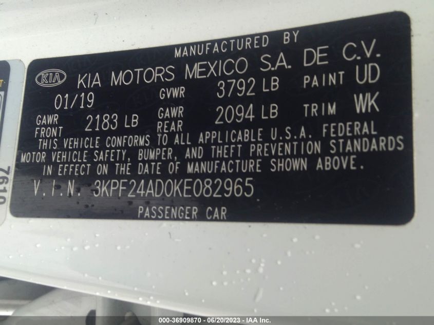 2019 KIA FORTE LXS - 3KPF24AD0KE082965