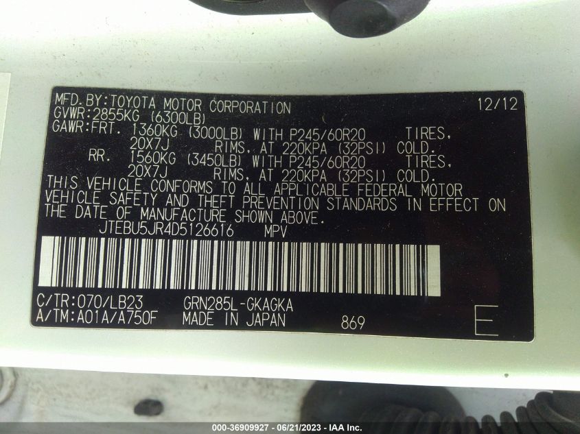 2013 TOYOTA 4RUNNER SR5/TRAIL/LIMITED - JTEBU5JR4D5126616