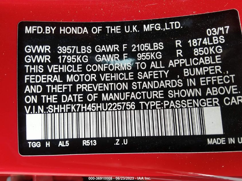 2017 HONDA CIVIC HATCHBACK SPORT - SHHFK7H45HU225756