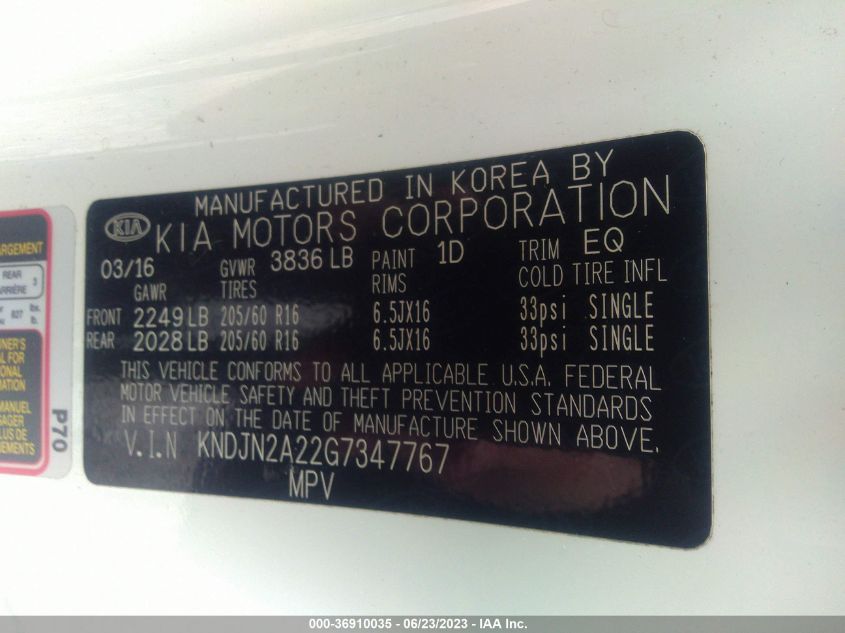 2016 KIA SOUL BASE - KNDJN2A22G7347767