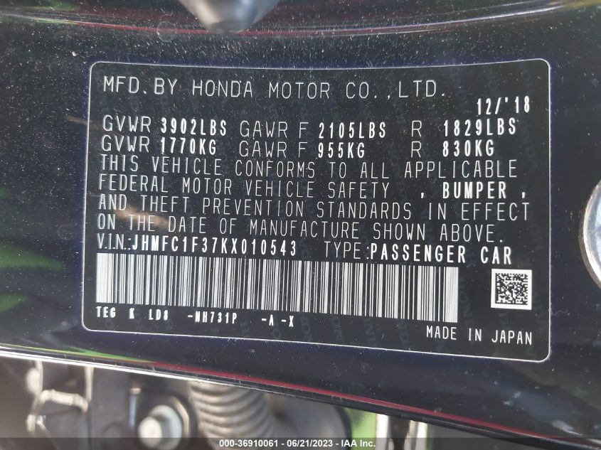 2019 HONDA CIVIC SEDAN EX - JHMFC1F37KX010543