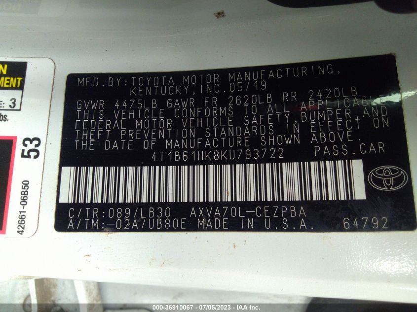 2019 TOYOTA CAMRY XSE - 4T1B61HK8KU793722