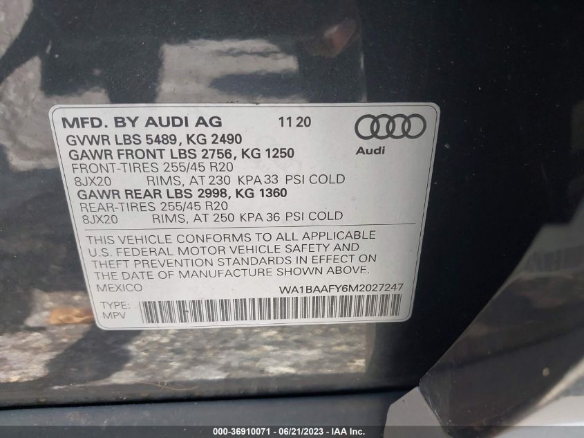 WA1BAAFY6M2027247 2021 AUDI Q5, photo no. 9