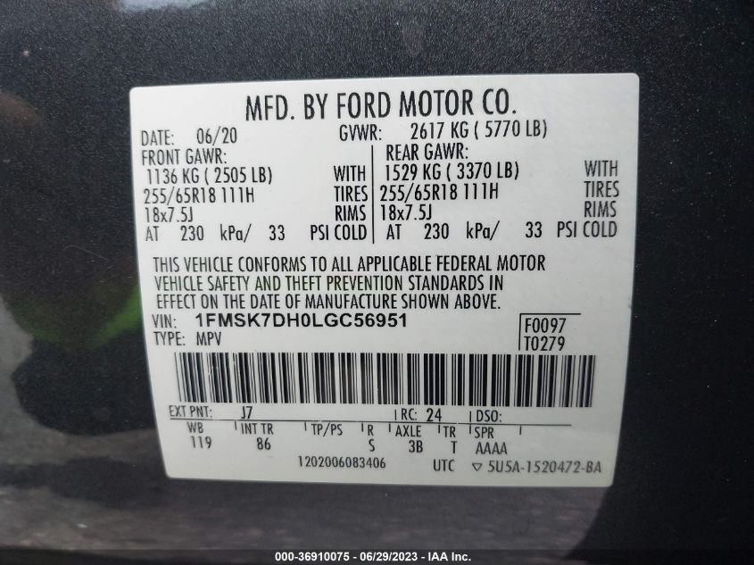 2020 FORD EXPLORER XLT - 1FMSK7DH0LGC56951