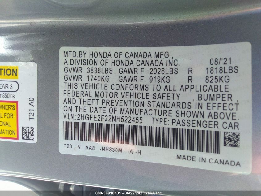 2022 HONDA CIVIC SEDAN LX - 2HGFE2F22NH522455