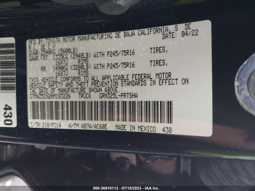 2022 TOYOTA TACOMA 2WD SR5/TRD SPORT - 3TMAZ5CN2NM183226