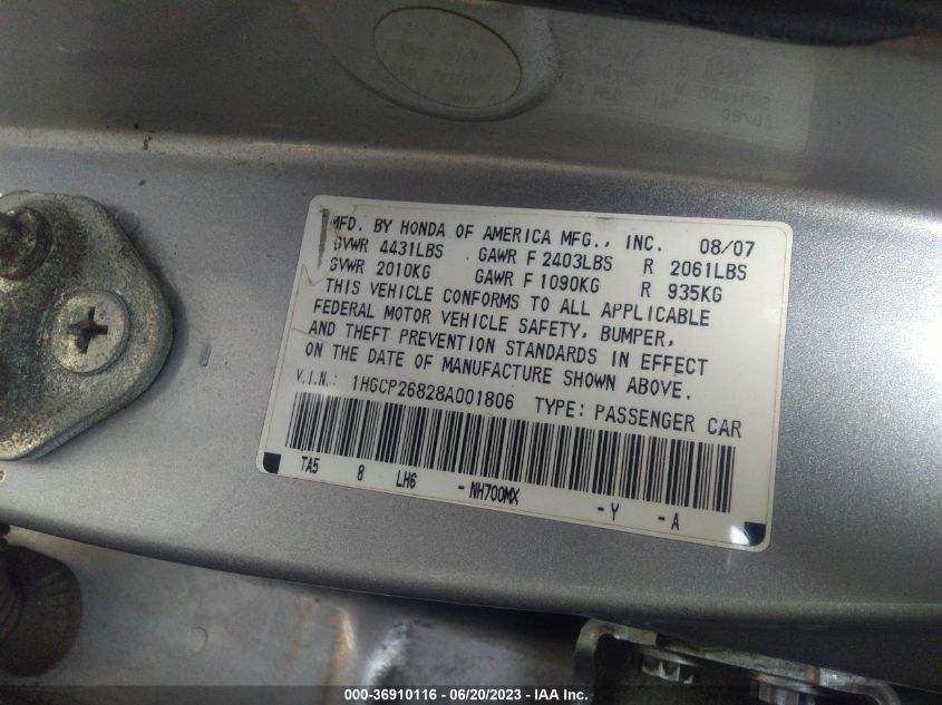 1HGCP26828A001806 | 2008 HONDA ACCORD