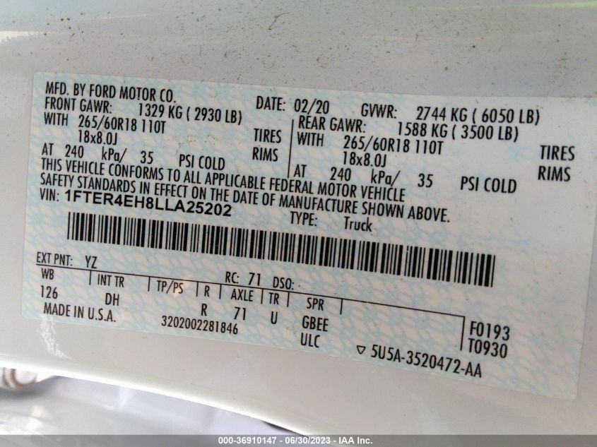 2020 FORD RANGER XL/XLT/LARIAT - 1FTER4EH8LLA25202