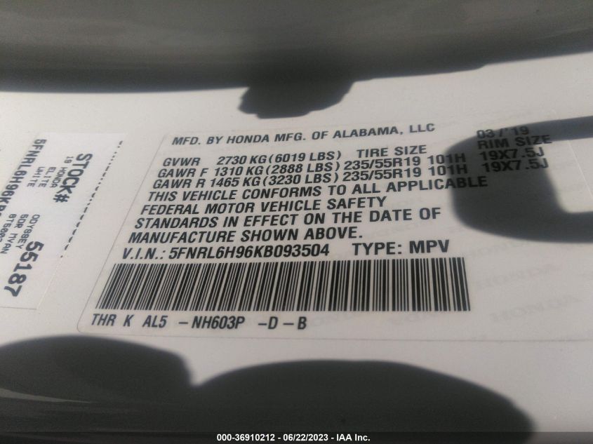 2019 HONDA ODYSSEY ELITE - 5FNRL6H96KB093504