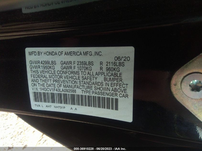 2020 HONDA ACCORD SEDAN EX - 1HGCV1F43LA092588