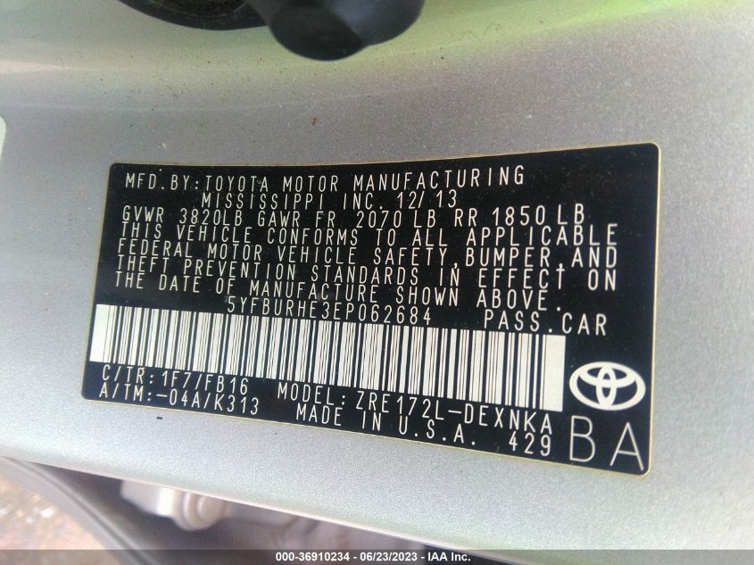 2014 TOYOTA COROLLA L/LE/S/S PLUS/LE PLUS - 5YFBURHE3EP062684