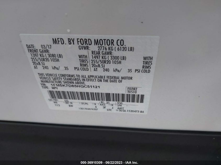 2017 FORD EXPLORER XLT - 1FM5K7D85HGC51121