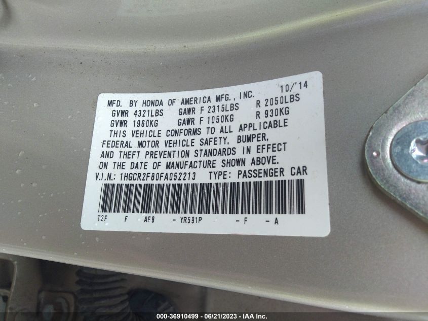 2015 HONDA ACCORD SEDAN EX-L - 1HGCR2F80FA052213