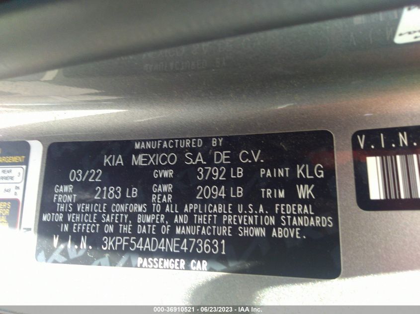 2022 KIA FORTE GT-LINE - 3KPF54AD4NE473631