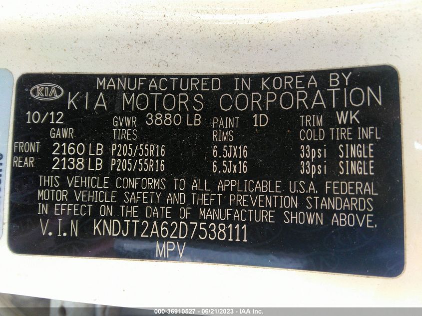 2013 KIA SOUL + - KNDJT2A62D7538111
