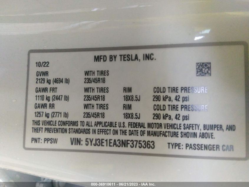2022 TESLA MODEL 3 - 5YJ3E1EA3NF375363