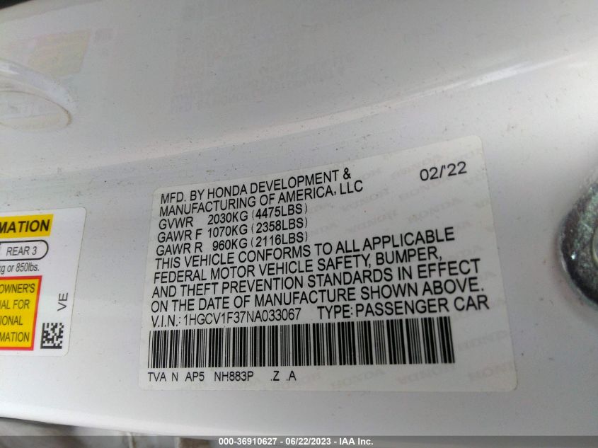 2022 HONDA ACCORD SEDAN SPORT - 1HGCV1F37NA033067