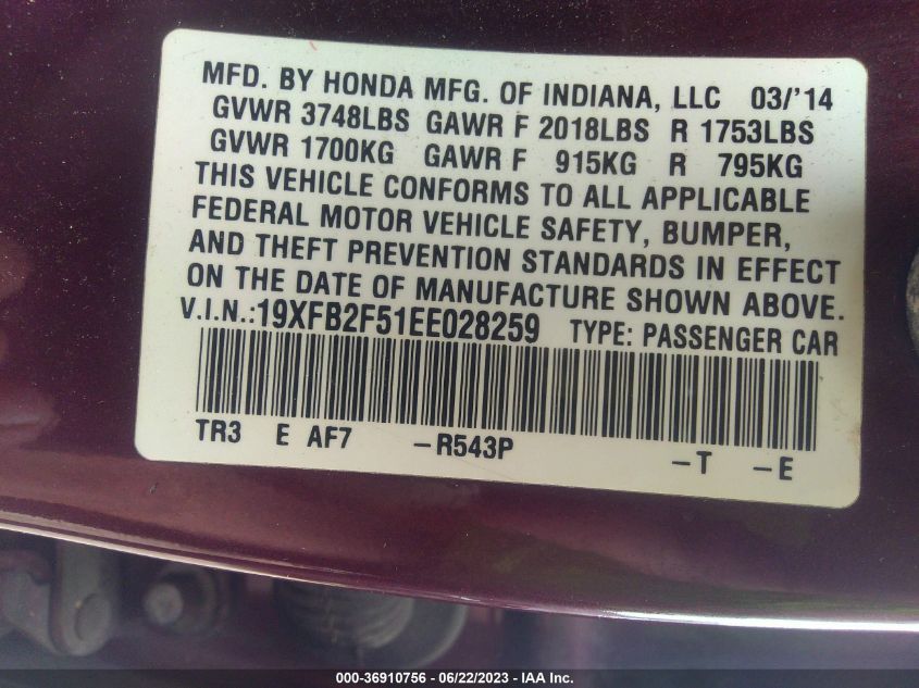 2014 HONDA CIVIC SEDAN LX - 19XFB2F51EE028259