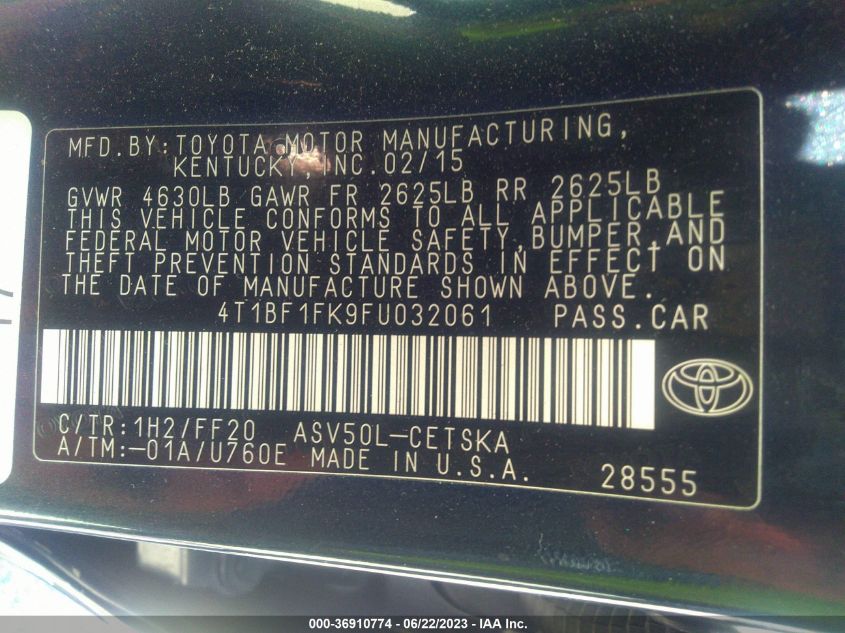 2015 TOYOTA CAMRY XLE/SE/LE/XSE - 4T1BF1FK9FU032061