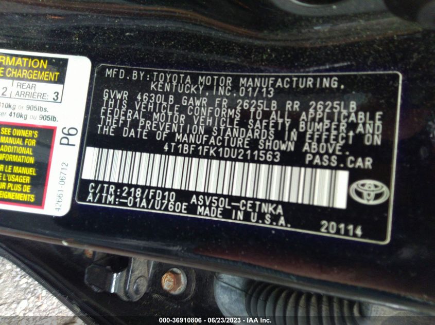 2013 TOYOTA CAMRY L/LE/SE/XLE - 4T1BF1FK1DU211563