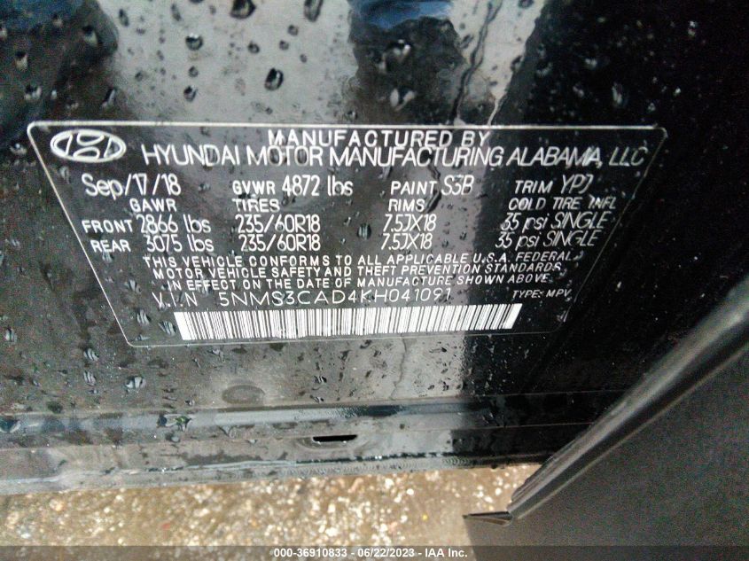 2019 HYUNDAI SANTA FE SEL PLUS - 5NMS3CAD4KH041091
