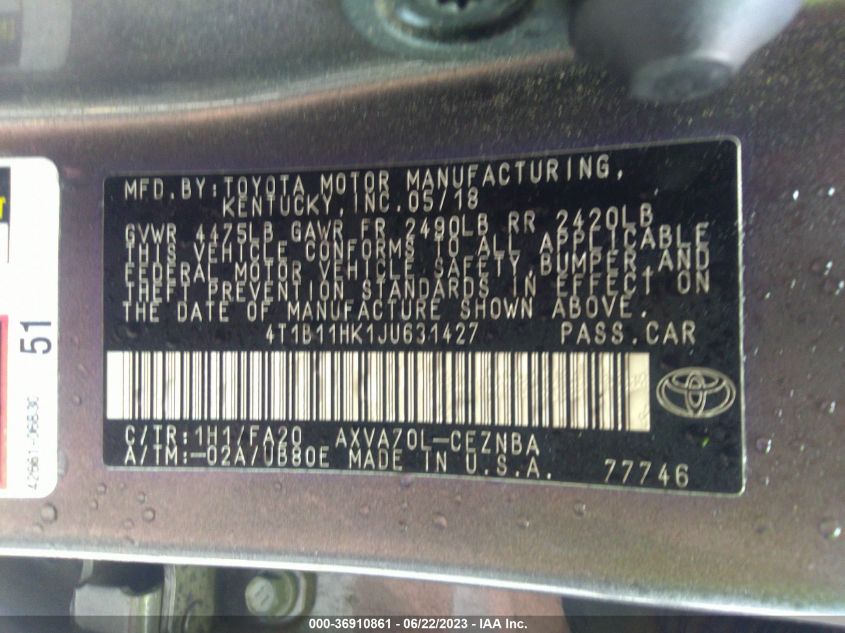 2018 TOYOTA CAMRY LE/SE/XLE/L - 4T1B11HK1JU631427