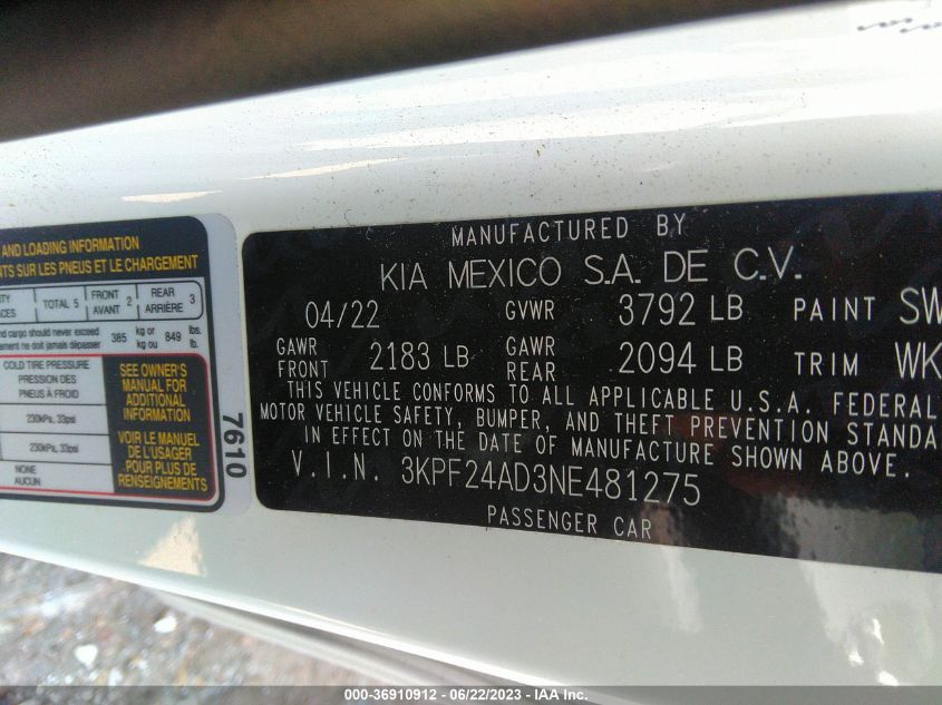 2022 KIA FORTE LXS - 3KPF24AD3NE481275