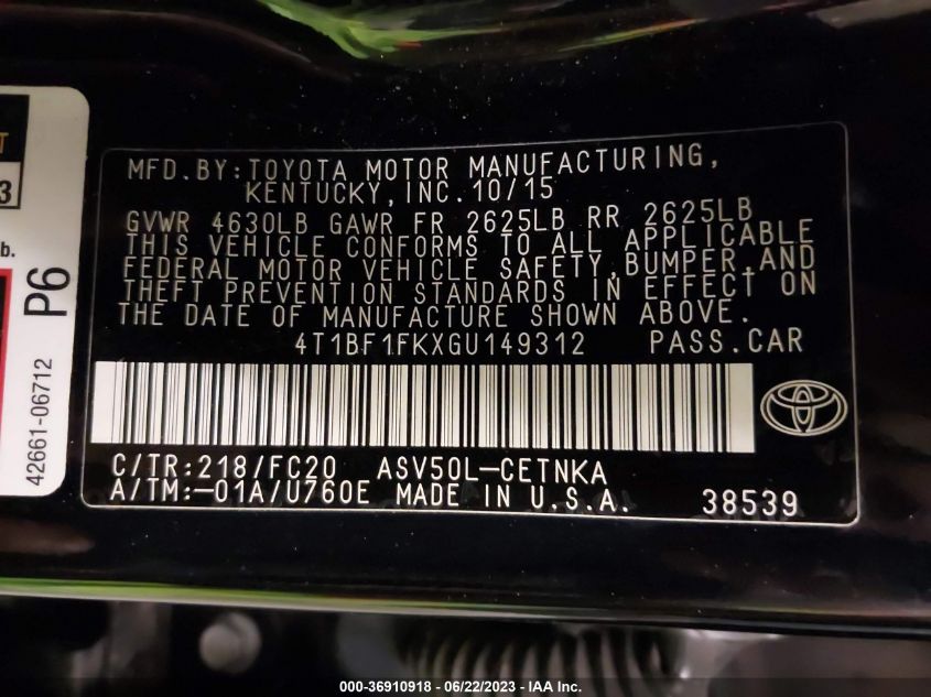 2016 TOYOTA CAMRY XLE/SE/LE/XSE - 4T1BF1FKXGU149312
