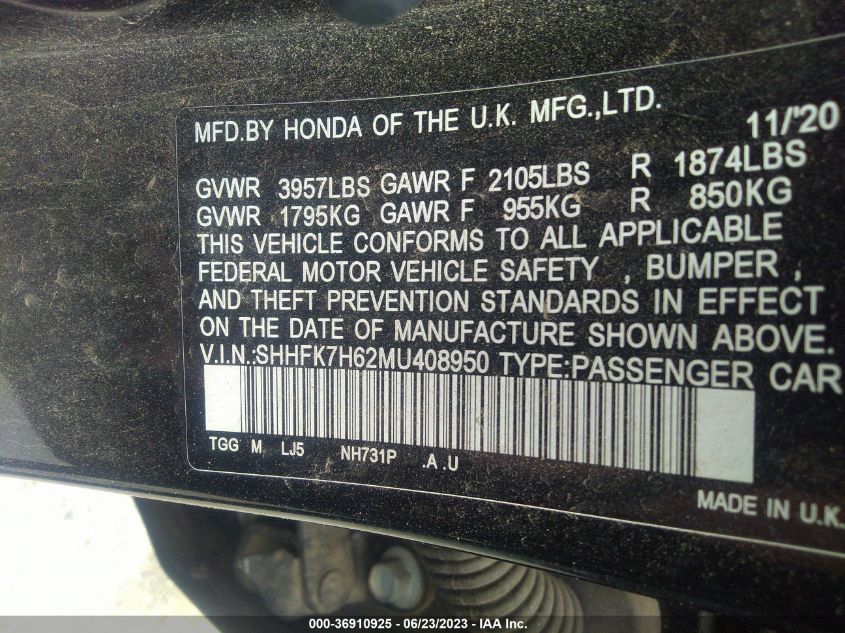 SHHFK7H62MU408950 Honda Civic Hatchback EX 9