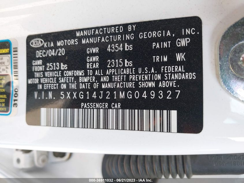 2021 KIA K5 LXS - 5XXG14J21MG049327